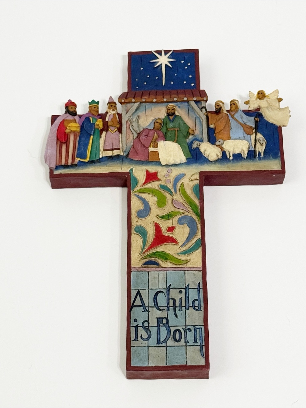 Jim Shore Hand-Painted Nativity Cross - Blue, Red, Green, Cream